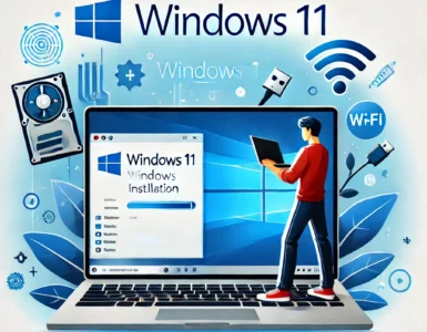 Personne installant Windows 11 sur un ordinateur portable avec des icônes de composants informatiques.