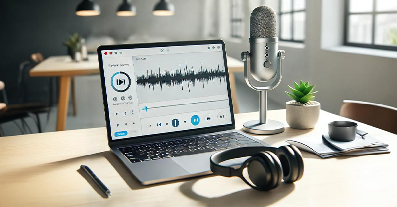 Ordinateur portable sur un bureau avec un logiciel de transcription audio en texte affiché à l'écran, accompagné d'un microphone et d'écouteurs pour l'enregistrement audio