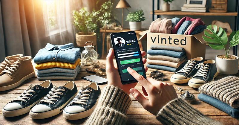 Application Vinted sur un smartphone, avec en arrière-plan des vêtements et accessoires disposés de manière organisée, dans une ambiance naturelle et chaleureuse