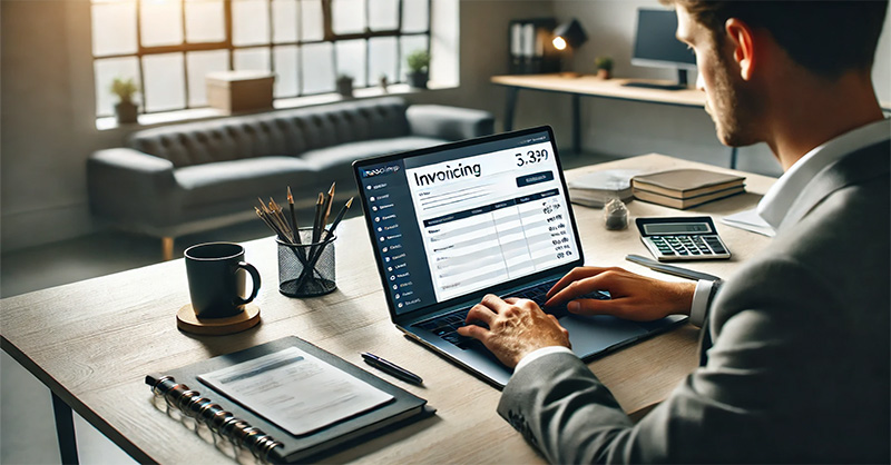 L'image montre une personne utilisant un logiciel de facturation pour gérer ses finances avec efficacité