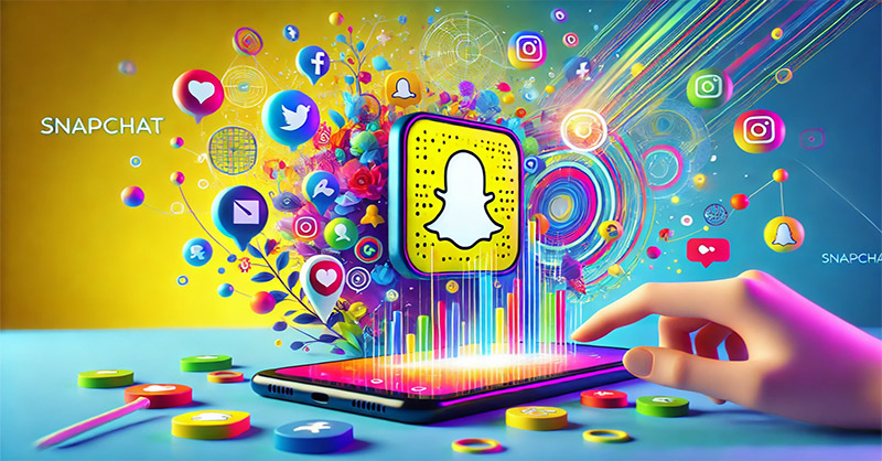 Illustration de l’expérience de l'utilisateur de Snapchat, mettant en avant son interface, ses filtres amusants, et ses fonctionnalités interactives comme l’envoi de messages et la personnalisation des snaps, dans un contexte moderne et connecté.