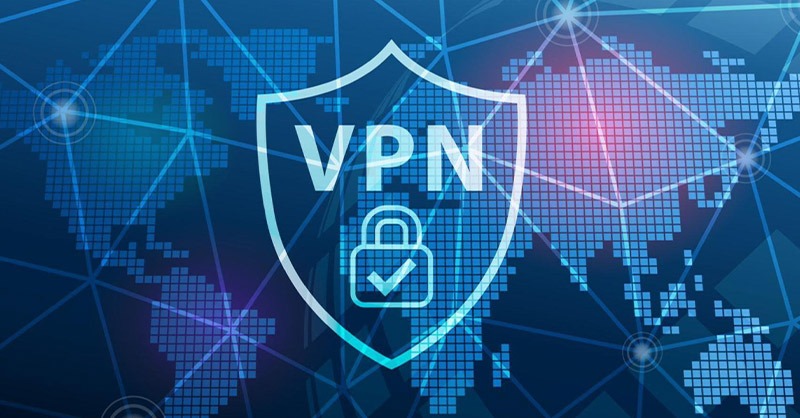 llustration d'un VPN avec un bouclier et un cadenas, symbolisant la sécurité et la protection des données sur un fond de carte du monde numérique